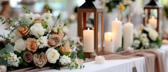 Arrangement of roses and remembrance jar with candles at a church funeral gathering with blurred lights in the background for honoring loved ones