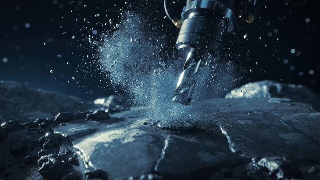 Contacting robotic drill bit cutting into moon rock at cold vacuum surface, ejecting debris plume