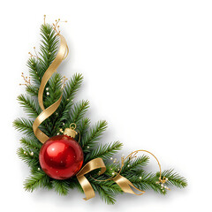 Pine Branch with Red Ornament and Gold Ribbon