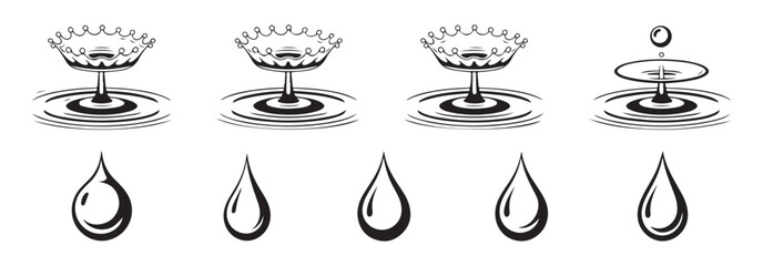 Set of black outline water crown splash and water drop flat vector icon illustration