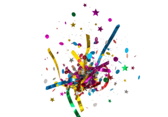 Highly reflective multicolored metallic foil confetti (stars, circles, strips) and ultrafine glitter exploding on a bright white studio background. Concept for festive excitement