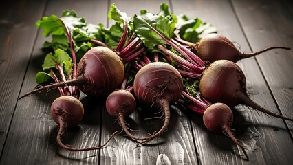 Fresh beetroot with soil still attached, shot as a rustic still life on dark wood.