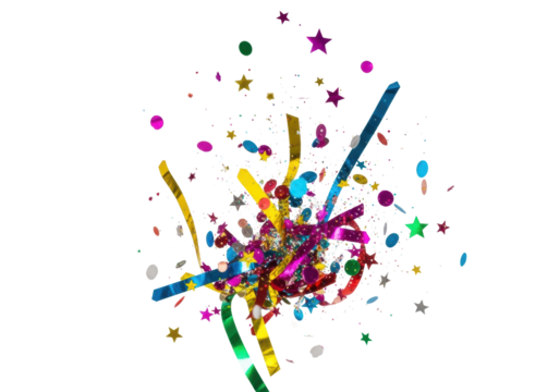 Highly reflective multicolored metallic foil confetti (stars, circles, strips) and ultrafine glitter exploding on a bright white studio background. Concept for festive excitement - Powered by Adobe