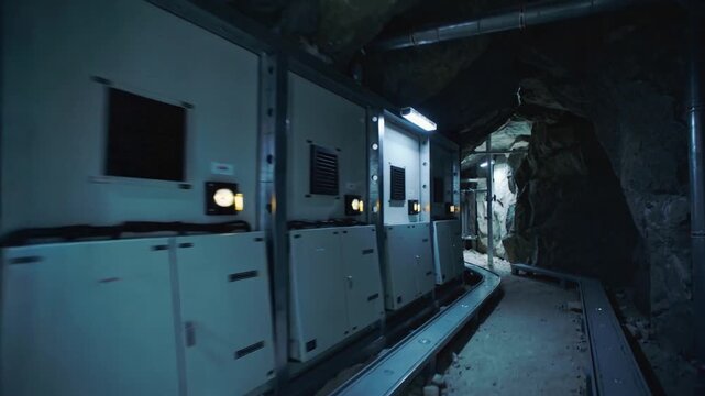 Moving camera traversing mine service tunnel, surveying power panels, conduit, guide rail, debris