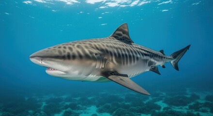 Obraz premium A tiger shark swimming in clear blue water with a sandy bottom.