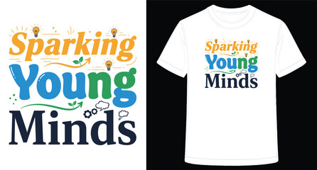 Colorful Sparking Young Minds TShirt Design with Creative Typography and Light Bulb Elements