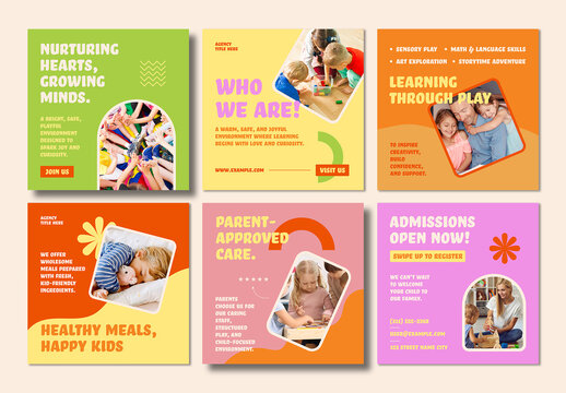 Daycare Social Media Post Template Set for Childcare Centers with Fun Colorful Kids Designs