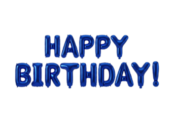 Large, vibrant royal blue metallic mylar foil balloons spelling "happy birthday!", floating against a shadowless transparent studio background, minimalist celebration design concept