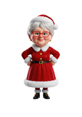 Stylized 3d render of joyful elderly mrs. claus with rosy cheeks, red glasses, and a festive red velvet dress on a white background. concept of christmas holiday spirit