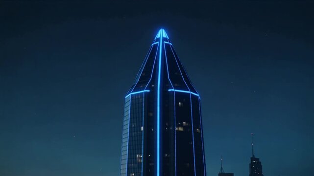 Lighting sequence starting, glass tower lighting up with blue strips outlining crown at waterfront