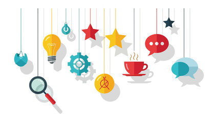 Creative Ideas: An array of colorful shapes and symbols, suspended from delicate strings, suggests a dynamic interplay of creativity and innovation.