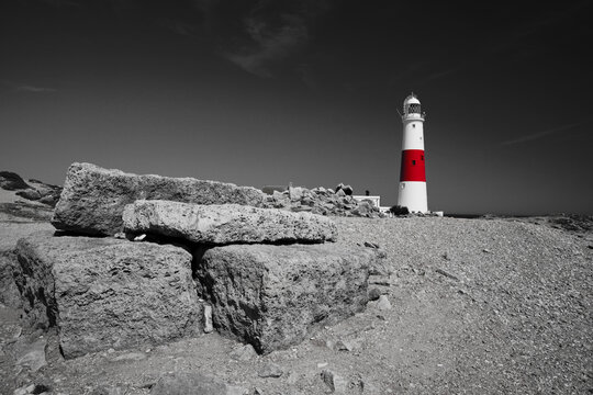 Portland Bill lighthouse Dorset Monochrome with Red Band