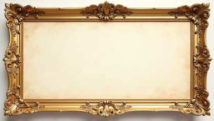 Intricately carved gold baroque frame placed over light weathered parchment background lit with balanced studio illumination to maintain golden sheen for versatile print, craft, and template applicati