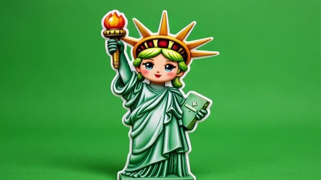 Cartoon statue of liberty with torch and book on a green background in a cute anime style