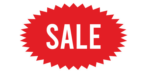 Bold SALE text on bright red jagged starburst badge, isolated on white background, ideal for retail promotions, discount labels, clearance events, ecommerce banners and seasonal marketing campaigns