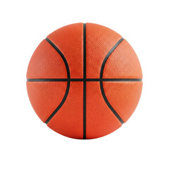 Photorealistic, macro shot of a pristine, vibrant orange basketball with detailed pebbled texture and black seams, isolated against a white studio background. Concept for product catalog