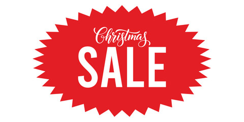 Bold Christmas SALE text on bright red jagged starburst badge, isolated on white background, ideal for retail promotions, discount labels, clearance events, ecommerce banners.