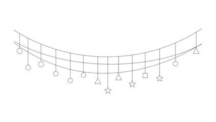 Line Garland of geometric decoration: A simple, elegant line art illustration of a garland, adorned with assorted geometric shapes.