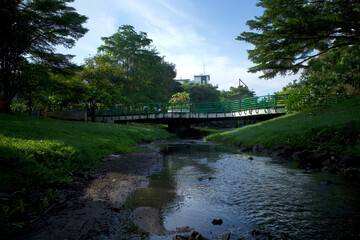 Fototapeta premium Scenic view of a river and a green bridge in the city park of Yogyakarta, Indonesia