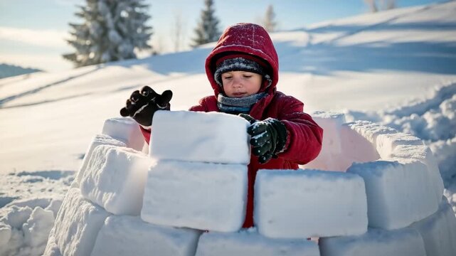 Young boy building an igloo with snow blocks on a sunny winter day. Child playing outdoors in the snow constructing a fort. Winter holiday activity