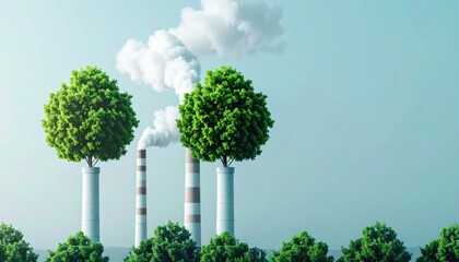 Factory with trees growing out of smokestacks, clean air concept, hopeful future, surreal realism 