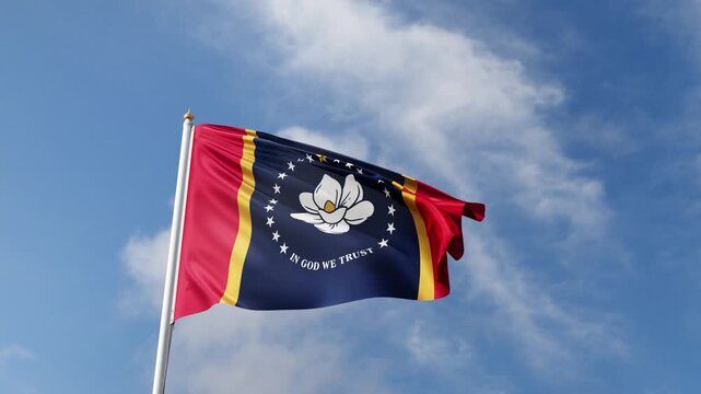 Mississippi flag 4K video, waving in the wind, american state flag on a blue sky, tall flagpole, USA, US patriotism, flag of Mississippi