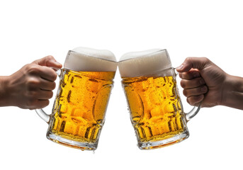 two adult caucasian hands clinking heavy steinkrug beer mugs filled with golden lager, thick froth, extreme close-up on condensation and frost, against transparent copy space. concept for beverage