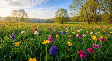 A vibrant meadow filled with colorful wildflowers under a clear blue sky with scattered clouds.