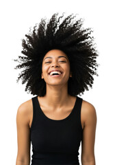 Young african american woman in a black tank top, laughing intensely, vibrant natural afro dynamically lifted, high-key studio portrait on a transparent background. Concept of unbridled joy