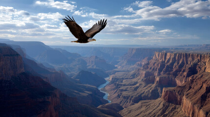 Naklejka premium An American eagle soaring high above the Grand Canyon, vast landscape below, bright blue skies. Election Day in the USA. America Day. Festive Mood on President's Day