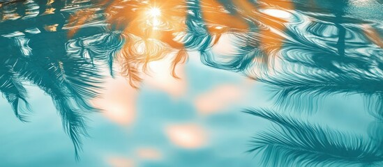 Tranquil Teal Water Reflecting Palm Fronds and Golden Sunlight