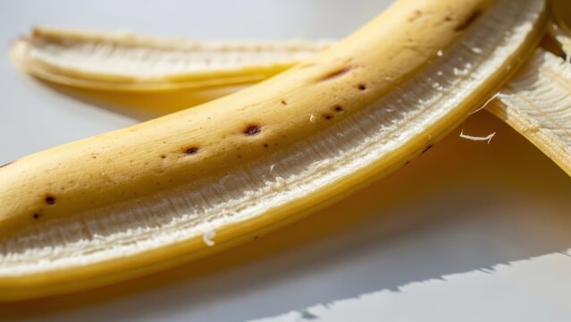 Close-up view of a partially peeled ripe yellow banana with brown spots on a light background.