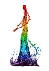 single cohesive vertical tower of liquid captured mid-eruption, exhibiting spectral rainbow colors against a sterile white background with specular highlights. concept of abstract fluid dynamics