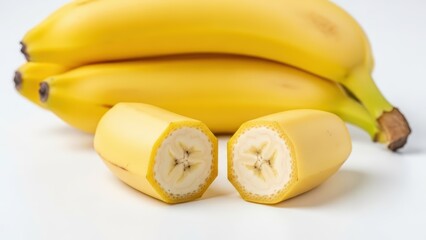 Close-up view of ripe yellow bananas, with two cut pieces showing the fruit's interior on a white background.