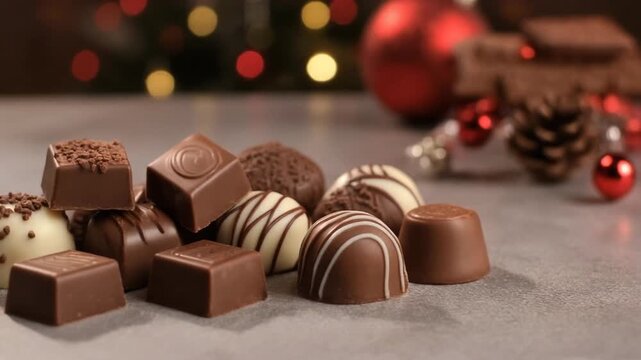 Assorted chocolates arranged on a table with festive decorations in the background during the holiday season