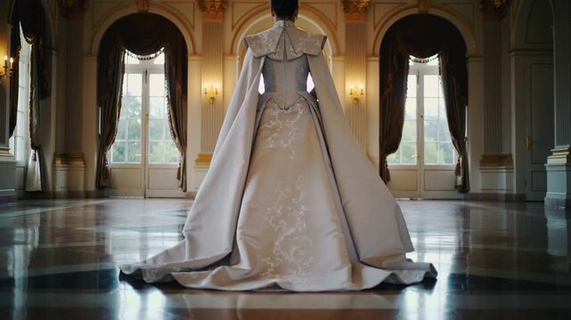 Camera starting, female model adjusting cape and straightening back in grand hall, showing gown
