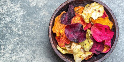 Colorful mixed vegetable chips in wooden bowl