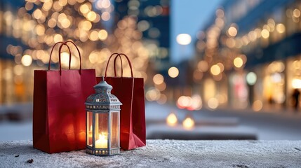 Shoppers place red paper bags with gifts on snow-covered street under evening city lights
