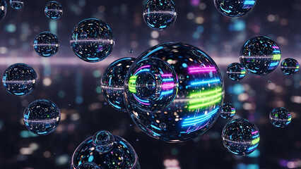 An abstract holiday wallpaper featuring a magic night of glowing colorful bubbles and bright rainbow circles shining like stars against a dark purple and black space background