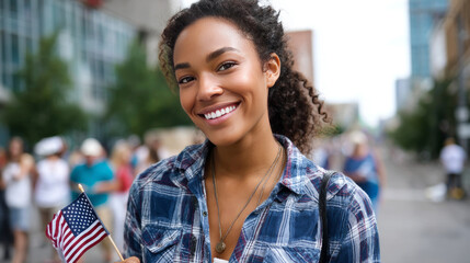 A young happy American woman walks through a city where there are many other people, with a small American flag in her hands, the background is blurred. Election Day in the USA. America Day. 