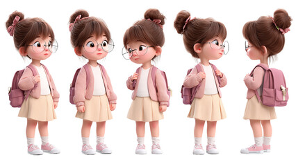 A pensive cartoon girl with a pink backpack embarks on her learning journey with endearing on transparent background