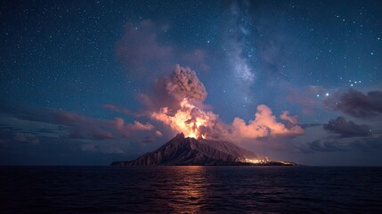 Erupting Volcano at Night with Milky Way and Orange Glow Reflecting on Ocean