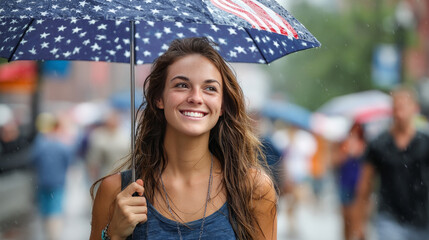 Young happy American woman walking through the city during the day under an umbrella in the form of an American flag, the background is blurred. Election Day in the USA. America Day. Festive Mood