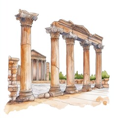 Roman ruins of Timgad. Roman ruins of Timgad hand drawn watercolor illustration on white background