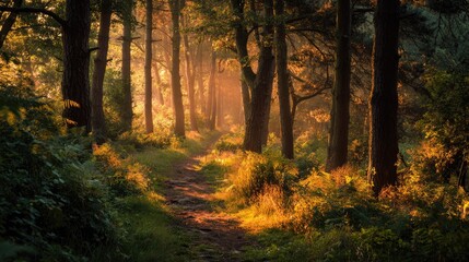 Sunlit Forest Path with Greenery and Dark Trees at Dawn