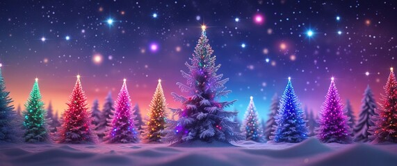 Banner of dreamy winter scene: glowing multicolored pine trees (blue, purple, pink, red, yellow) under a sparkling blue/purple starscape with gentle snowfall on soft, untouched snow.