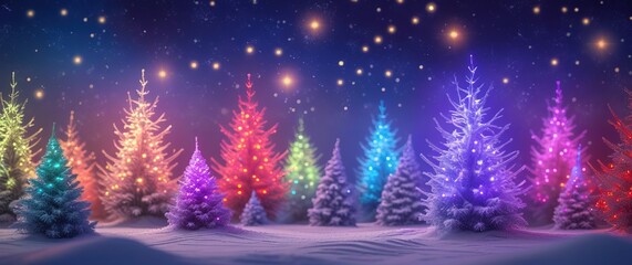Banner of dreamy winter scene: glowing multicolored pine trees (blue, purple, pink, red, yellow) under a sparkling blue/purple starscape with gentle snowfall on soft, untouched snow.