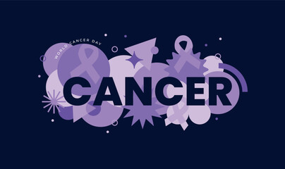 world cancer day. human fist with purple ribbon. Stop cancer banner on purple color background. International Cancer Day February 4th flat design