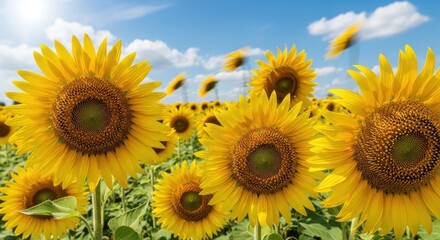 Obraz premium Expansive sunflower field under a bright blue sky offering sunshine views