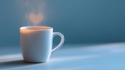 White ceramic coffee cup with steam forming a heart shape on a blue background with soft lighting and shadow